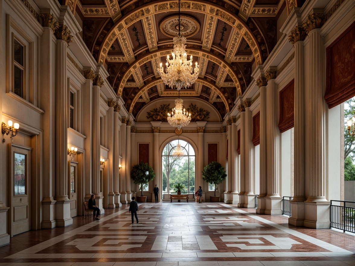 Prompt: Grandiose neoclassical facade, ornate details, Corinthian columns, carved marble, polished granite, gleaming bronze, intricate moldings, symmetrical composition, classical proportions, ornamental pediments, vaulted ceilings, crystal chandeliers, luxurious fabrics, rich wood tones, subtle color palette, soft warm lighting, shallow depth of field, 1/1 composition, realistic textures, ambient occlusion.