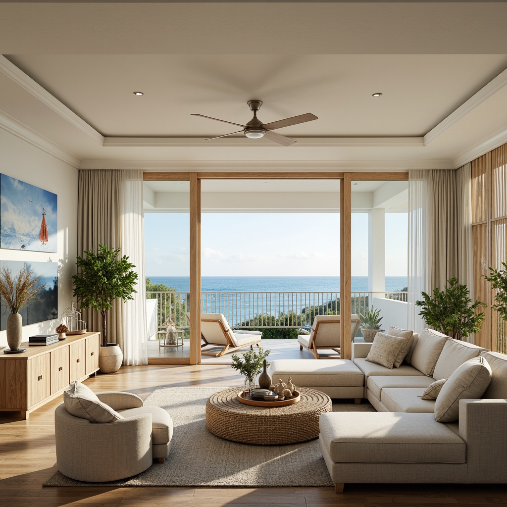 Prompt: Soothing coastal residence, light-filled open-plan living area, comfortable plush sofas, natural wood accents, woven rattan coffee table, ocean-inspired artwork, calming color palette, soft blue hues, crisp white trim, beachy textures, driftwood decorative pieces, potted tropical plants, floor-to-ceiling windows, sliding glass doors, stunning ocean views, warm golden lighting, 1/1 composition, shallow depth of field, realistic reflective surfaces.