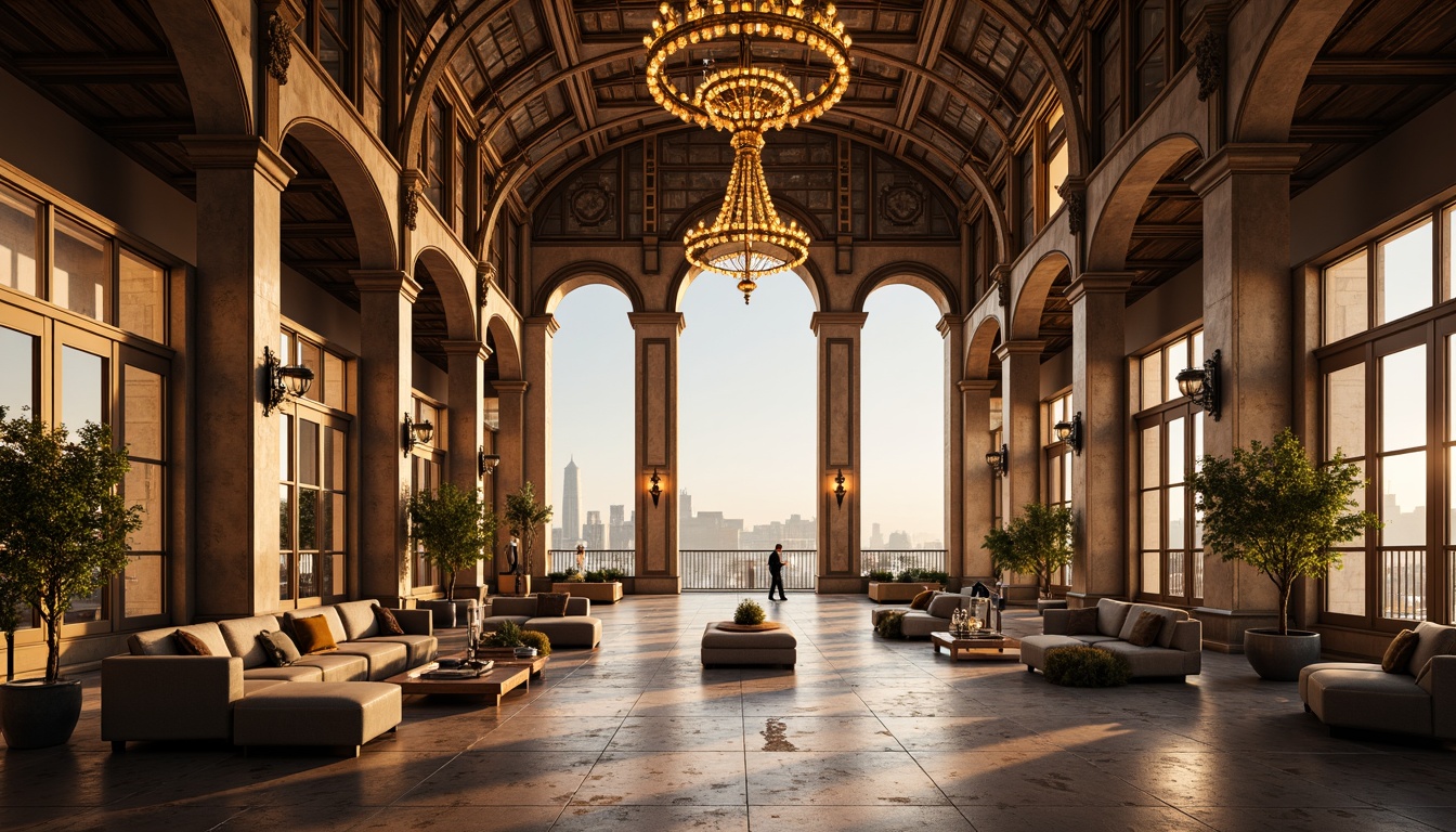 Prompt: Vast open space, high ceilings, ornate chandeliers, grand archways, Byzantine-inspired columns, intricately patterned tiles, warm golden lighting, rich wood accents, opulent furnishings, lavish textiles, majestic city views, panoramic windows, minimalist decor, eclectic art pieces, industrial-chic metal beams, distressed brick walls, reclaimed wood floors, atmospheric misting systems, cinematic 3/4 composition, dramatic low-angle shots, soft warm color palette.