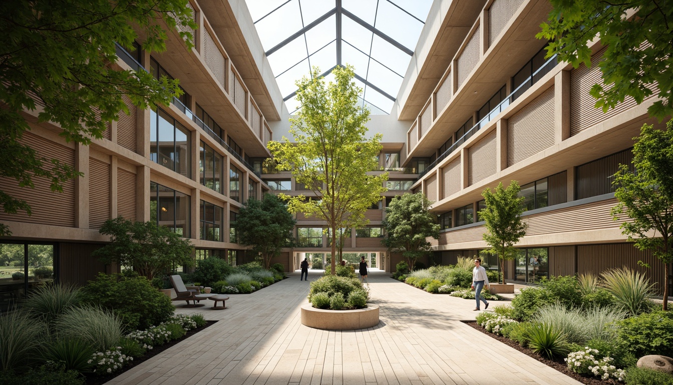 Prompt: Green office building, large windows, natural ventilation systems, operable windows, clerestory windows, skylights, atriums, open floor plans, minimal partitions, wooden floors, plants, natural materials, earthy colors, soft warm lighting, 3/4 composition, panoramic view, realistic textures, ambient occlusion.