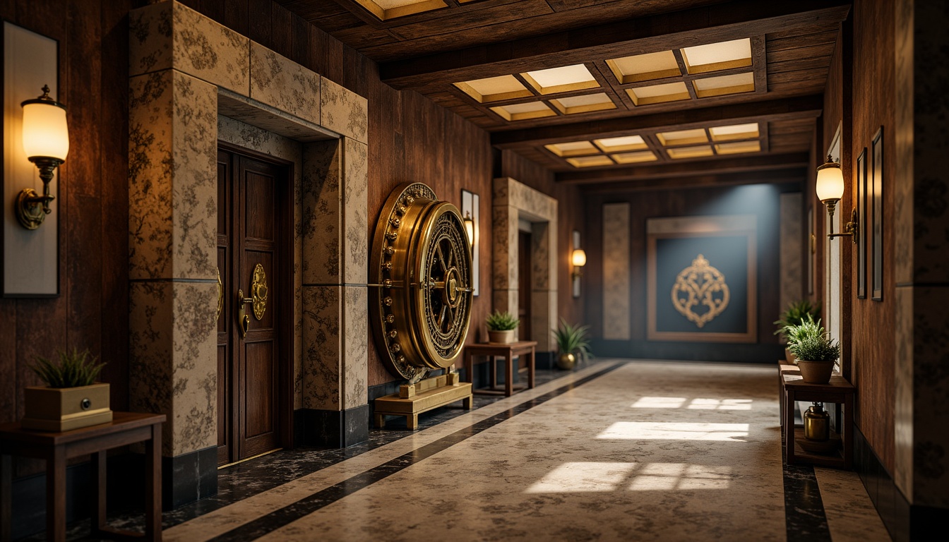 Prompt: Granite walls, ornate facades, bronze door handles, rusty metal accents, distressed wooden beams, vintage bank vaults, Art Deco patterns, geometric shapes, luxurious marble floors, dimly lit interiors, warm golden lighting, shallow depth of field, 1/2 composition, realistic textures, ambient occlusion, nostalgic atmosphere.