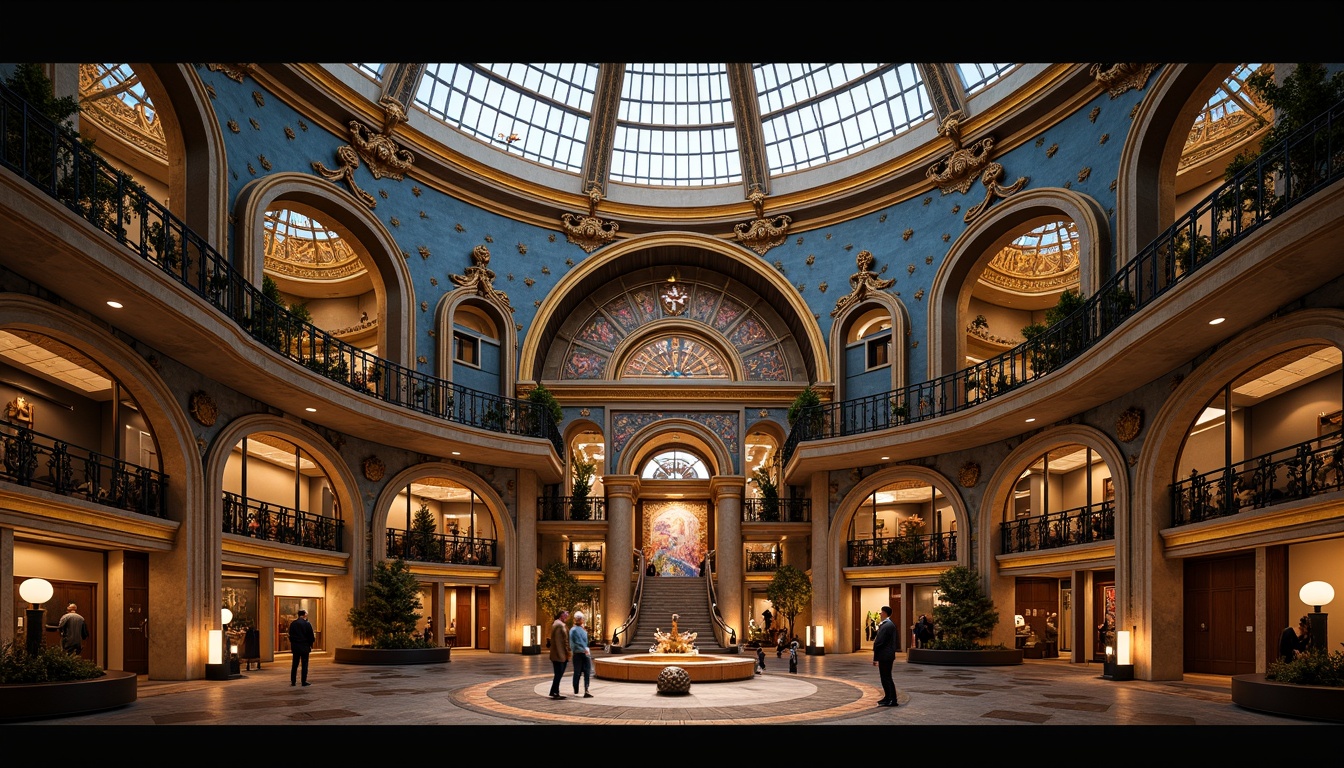 Prompt: Ornate planetarium facade, golden accents, intricate stone carvings, grand entrance archways, celestial body-inspired domes, curved glass roofs, ornamental metalwork, lavish frescoes, richly patterned textiles, vibrant jewel-toned lighting, dramatic spotlights, high-contrast shadows, 1/1 composition, symmetrical framing, warm atmospheric glow, realistic reflections, ambient occlusion.