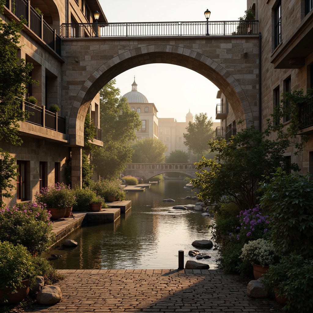 Prompt: Majestic Byzantine bridge, ancient stone arches, ornate metal railings, lush greenery, vibrant flowers, tranquil water reflections, serene riverbanks, picturesque village backdrop, rustic stonework, worn cobblestone paths, weathered wooden accents, mystical lanterns, warm golden lighting, dramatic sunset, soft misty atmosphere, shallow depth of field, 2/3 composition, symmetrical framing, rich textures, ambient occlusion.