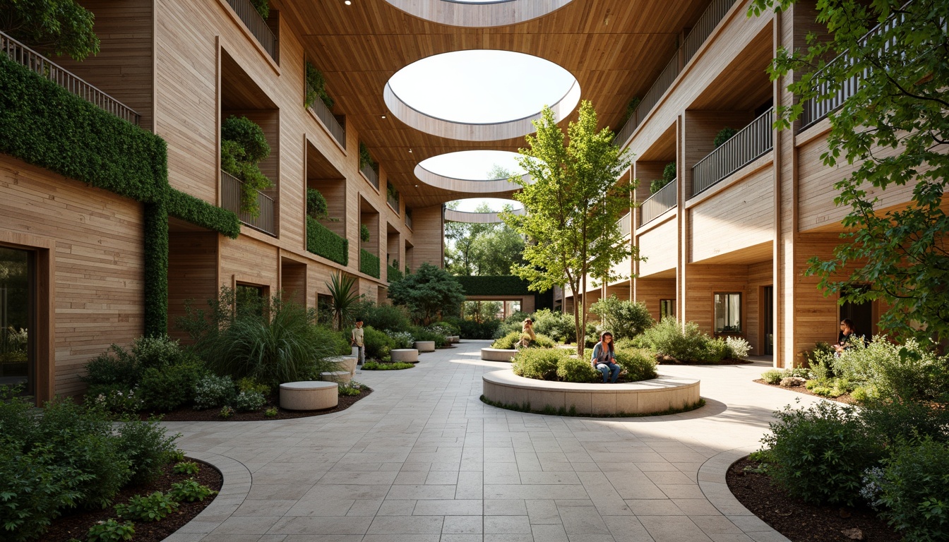 Prompt: Organic hospital building, curved lines, natural materials, abundant greenery, living walls, lush plants, reclaimed wood accents, earthy color palette, warm lighting, circular skylights, nature-inspired patterns, water features, calming soundscapes, peaceful ambiance, spacious open areas, minimalist decor, comfortable seating, natural stone flooring, maximized natural light, 1/1 composition, soft focus, shallow depth of field, realistic textures.