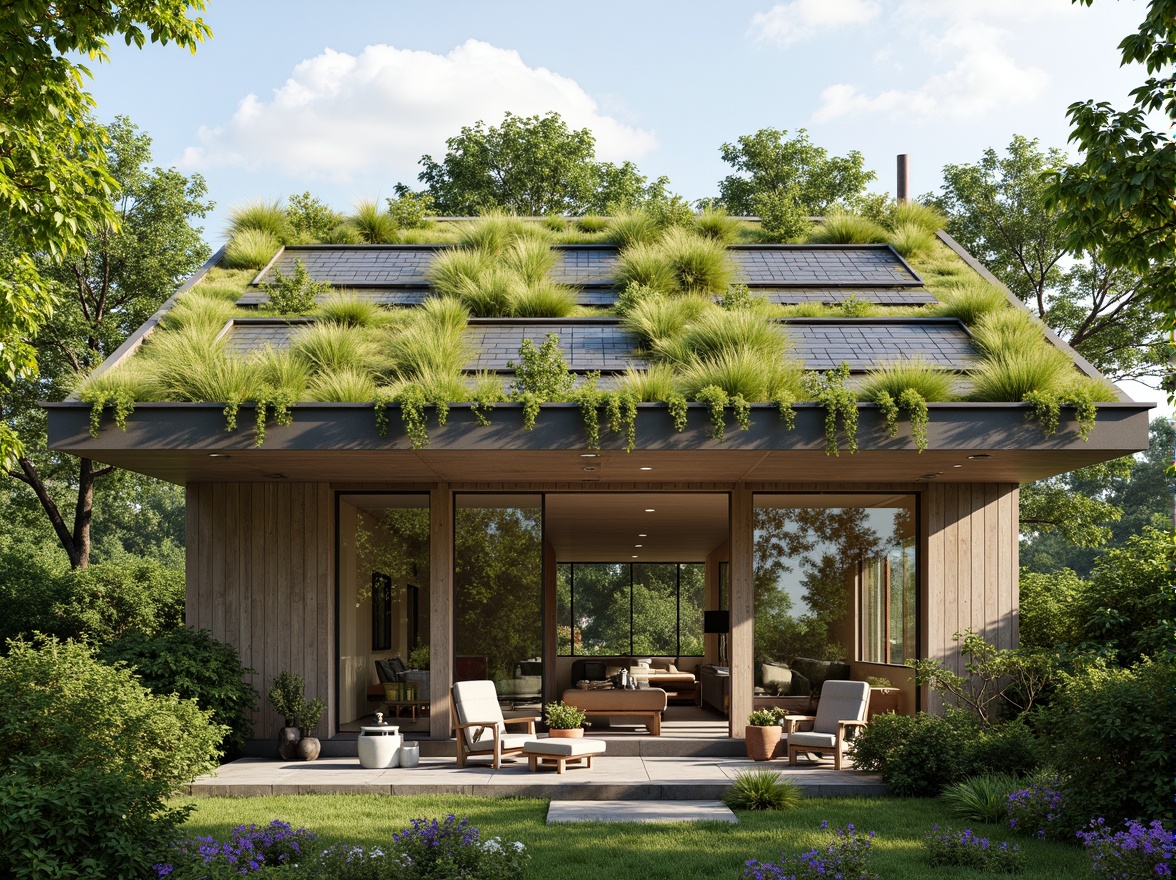 Prompt: Green rooftop, lush vegetation, natural materials, wooden accents, large windows, clerestory windows, skylights, open floor plan, minimalist interior design, earthy color palette, organic shapes, passive house principles, energy-efficient systems, solar panels, wind turbines, living walls, green facades, air purification systems, natural convection ventilation, cross-ventilation strategies, thermal mass materials, insulated building envelope, breathable construction, soft natural lighting, warm atmosphere, cozy reading nooks.