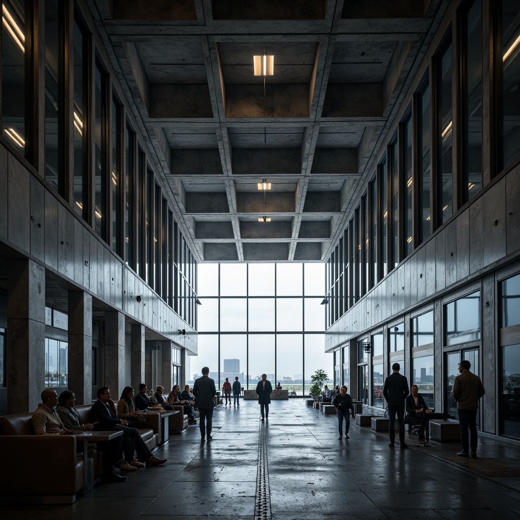 Prompt: Rugged airport terminal, brutalist architecture, raw concrete textures, industrial metal beams, oversized glass windows, minimalist interior design, functional lighting systems, sleek signage, geometric patterns, exposed ductwork, urban cityscape views, dramatic shadows, high-contrast lighting, cinematic composition, gritty realistic materials, atmospheric fog effects, 3/4 aspect ratio, symmetrical framing.