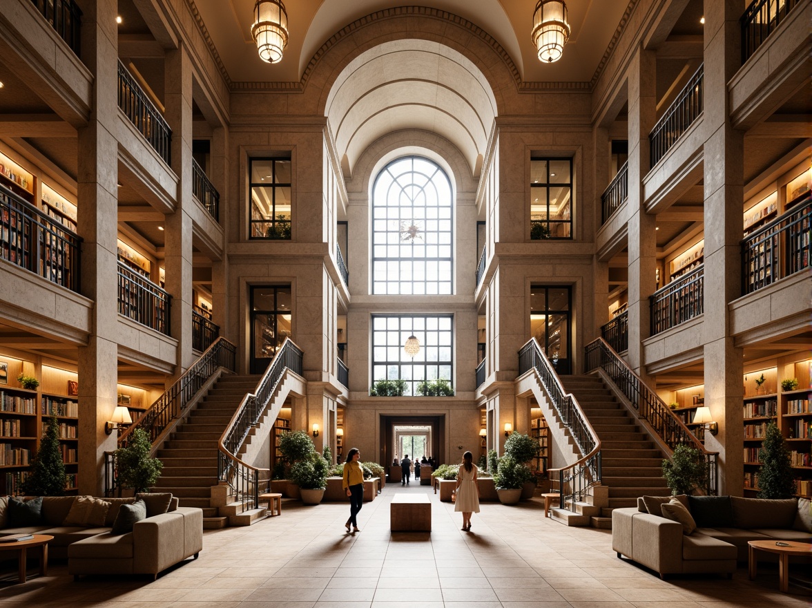 Prompt: Grand symmetrical library facade, neoclassical architectural style, ornate stone carvings, grand entrance columns, sweeping staircases, high ceilings, elegant chandeliers, rich wood paneling, comfortable reading nooks, vast book collections, natural light pouring in, warm beige color scheme, subtle texture details, 1/1 composition, medium depth of field, softbox lighting, realistic rendering.