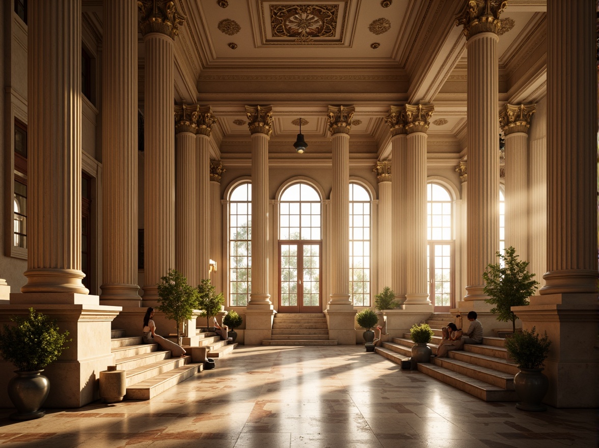 Prompt: Grand neoclassical building, majestic columns, ornate capitals, fluted shafts, sturdy pedestals, symmetrical facade, classical orders, ionic volutes, acanthus leaves, carved entablatures, rusticated bases, elegant architraves, sweeping staircases, polished marble floors, high ceilings, abundant natural light, warm golden lighting, subtle shadows, atmospheric perspective, 3/4 composition, realistic textures, ambient occlusion.