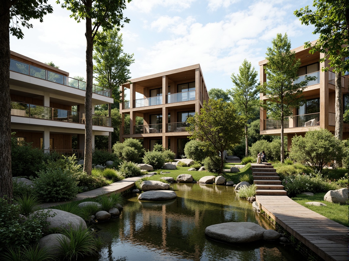 Prompt: Harmonious landscape integration, lush greenery, serene water features, meandering walkways, natural stone walls, wooden bridges, modern minimalist architecture, sleek glass buildings, cantilevered structures, organic forms, curved lines, earthy tones, vibrant flora, rustic textures, ambient lighting, shallow depth of field, 2/3 composition, panoramic view, realistic renderings.