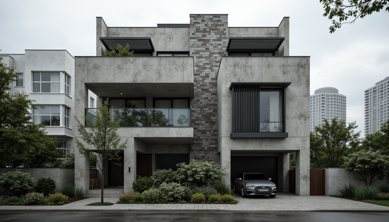 Prompt: Rugged brutalist house, fortress-like facade, raw concrete textures, bold geometric forms, monolithic structure, brutalist architectural details, industrial materials, exposed ductwork, metallic accents, minimalist ornamentation, urban context, dense cityscape, overcast sky, dramatic lighting, low-key colors, 1/1 composition, symmetrical framing, gritty realistic rendering.