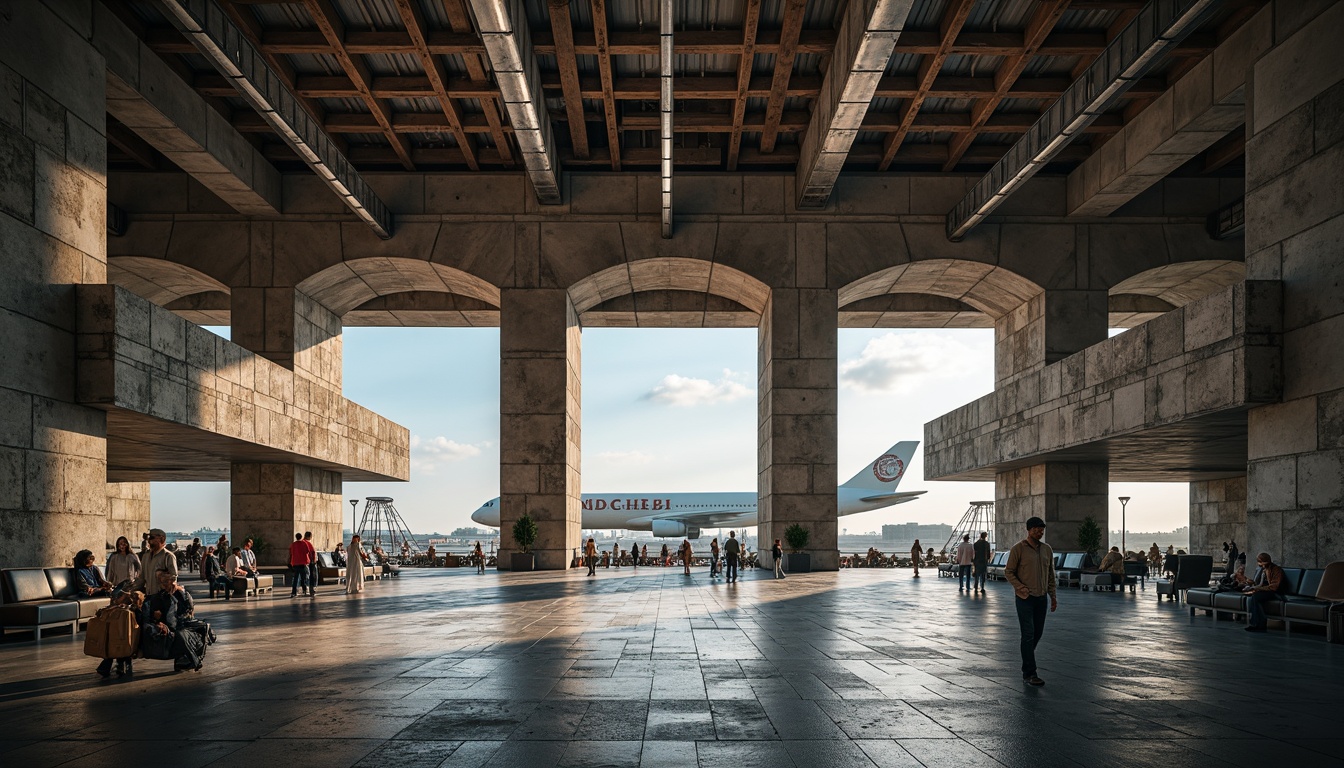 Prompt: Rugged airport terminal, brutalist architecture, raw concrete textures, exposed ductwork, industrial metal beams, weathered steel fa\u00e7ades, distressed wood accents, tactile stone walls, geometric patterned flooring, atmospheric misting systems, dramatic high ceilings, cinematic natural light, soft focus photography, shallow depth of field, 1/1 composition, realistic ambient occlusion.