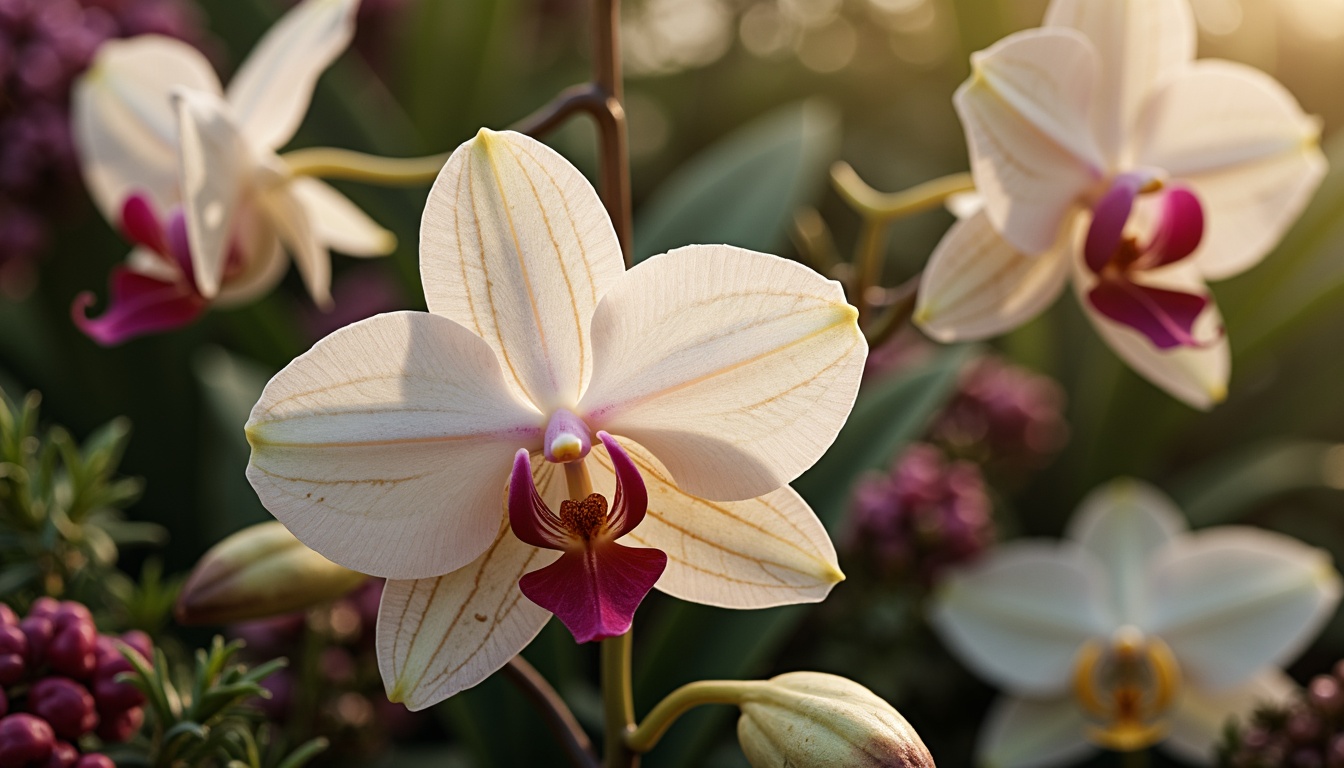 Prompt: Delicate orchid flowers, soft pastel hues, creamy whites, rich berry tones, velvety dark greens, subtle golden accents, luxurious fabrics, opulent textures, intricate botanical patterns, whimsical illustrations, dreamy atmospheric lighting, shallow depth of field, 1/1 composition, romantic warm color temperature, realistic soft focus, ambient occlusion.