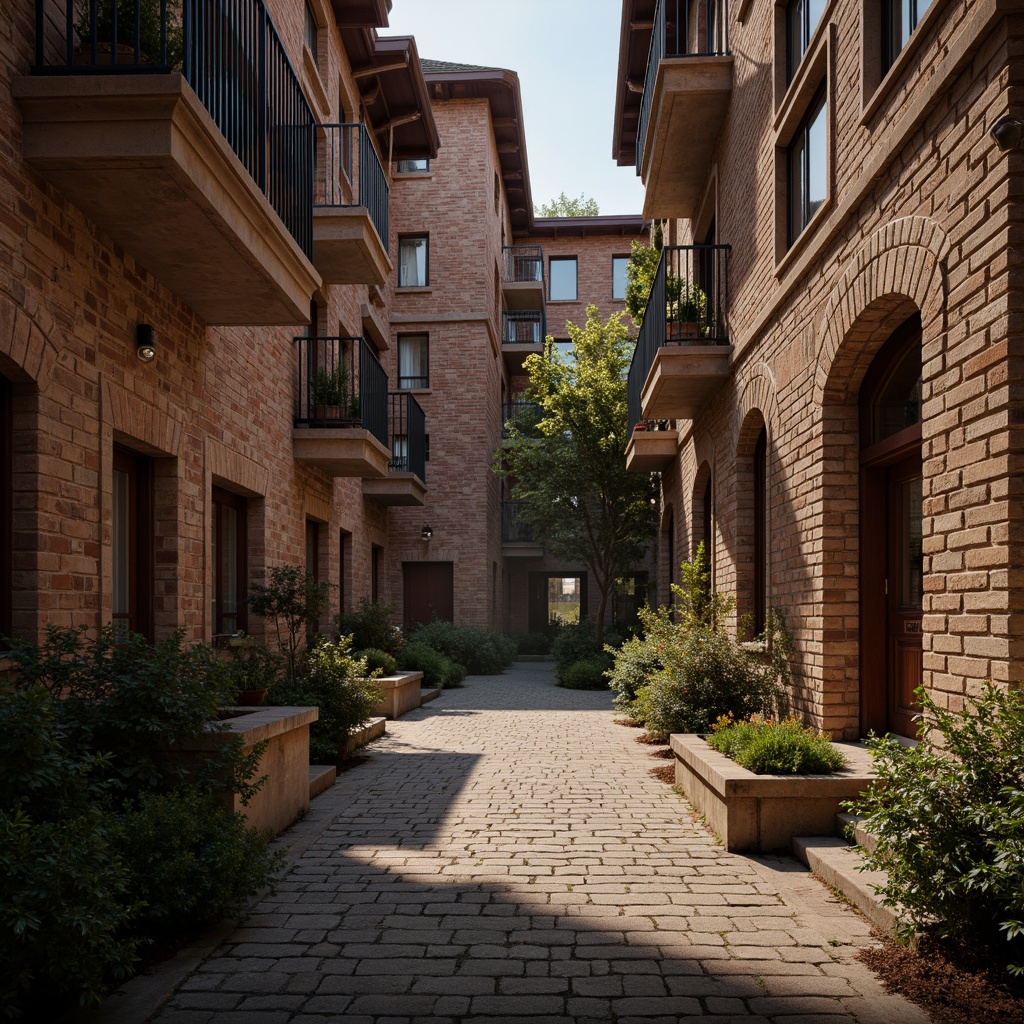 Prompt: Rustic brick buildings, earthy tones, textured walls, ornate archways, classic architectural details, traditional craftsmanship, warm ambient lighting, cozy interior atmosphere, vintage decorative accents, distressed finishes, natural stone foundations, lush greenery surroundings, misty morning light, shallow depth of field, 1/2 composition, realistic textures, ambient occlusion.