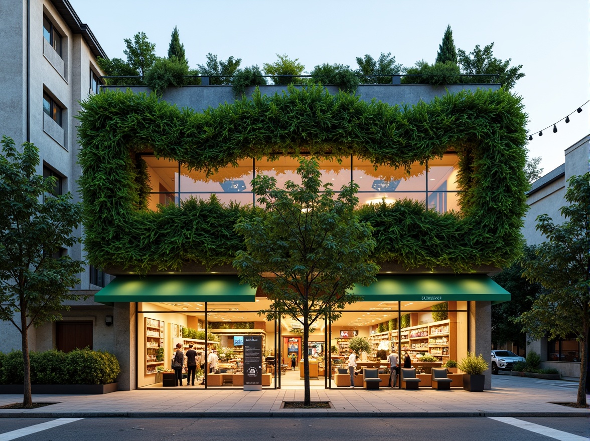 Prompt: Vibrant grocery store facade, organic metabolism style, wavy green walls, living roof, lush vegetation, recycled materials, natural stone accents, large glass windows, sliding doors, minimalist signage, modern LED lighting, warm earthy tones, sustainable energy systems, solar panels, rainwater harvesting, green awnings, urban agriculture integration, vertical farming elements, geometric patterns, futuristic architecture, dynamic forms, 3/4 composition, shallow depth of field, realistic textures.