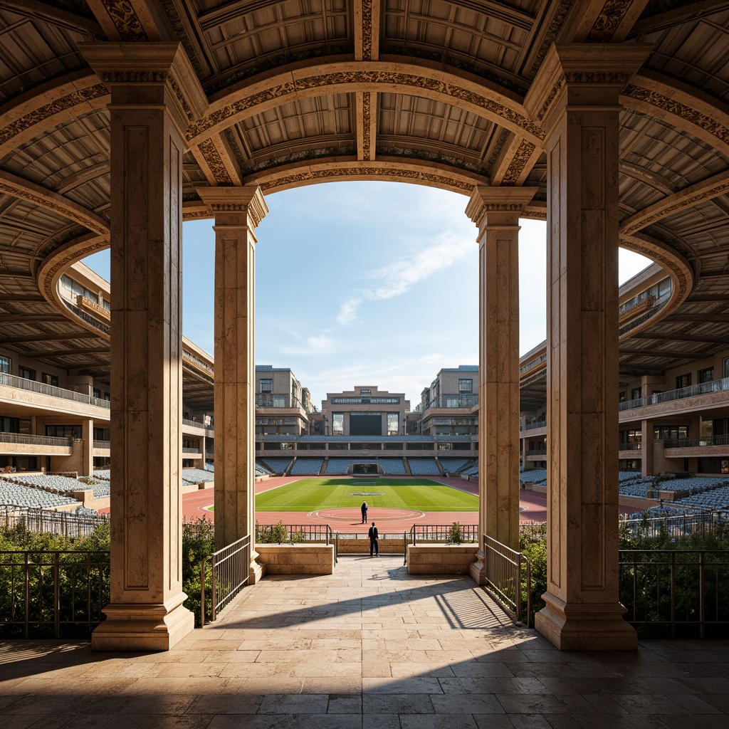 Prompt: Ancient Roman-inspired sports stadium, ornate stone arches, rusticated columns, grand entrance gates, intricate mosaics, vibrant green turf, modern athletic track, sleek metal bleachers, ornamental balustrades, dramatic spotlights, warm golden lighting, shallow depth of field, 1/2 composition, panoramic view, realistic textures, ambient occlusion, ancient Roman-style sculptures, richly patterned textiles, luxurious VIP lounges.