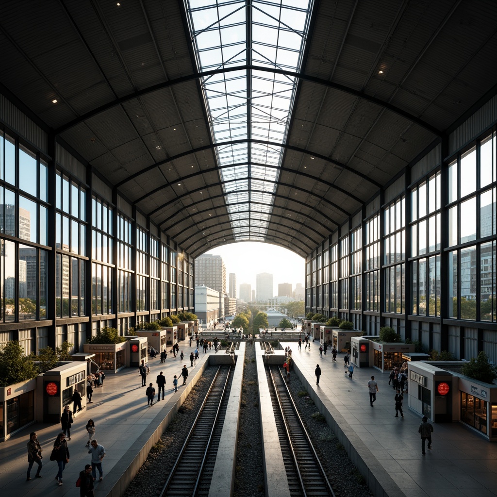 Prompt: Grand train station, high ceilings, large windows, natural ventilation systems, clerestory roofs, skylights, bright airy atmosphere, bustling crowd, modern architecture, sleek steel beams, glass facades, urban cityscape, morning sunlight, soft warm lighting, shallow depth of field, 1/2 composition, panoramic view, realistic textures, ambient occlusion.