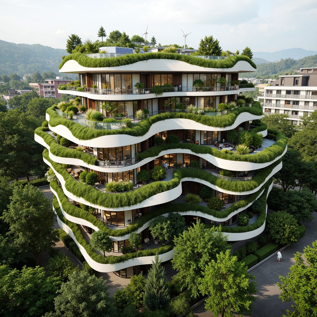 Prompt: Sustainable eco-friendly building, lush green roofs, living walls, solar panels, wind turbines, rainwater harvesting systems, recyclable materials, natural ventilation, minimal carbon footprint, organic architecture, curved lines, earthy tones, blending with surroundings, seamless integration, native plants, wildlife habitats, serene atmosphere, soft diffused lighting, shallow depth of field, 1/1 composition, realistic textures, ambient occlusion.