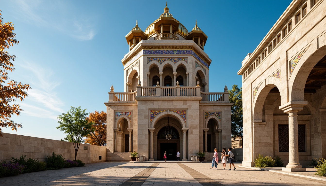 Prompt: Majestic watchtower, ornate Byzantine architecture, intricate stone carvings, golden domes, vibrant mosaic patterns, grand archways, ornamental columns, richly textured stone walls, Mediterranean landscape, clear blue sky, warm sunlight, dramatic shadows, 1/2 composition, low angle shot, atmospheric perspective, subtle color grading, detailed normal maps.