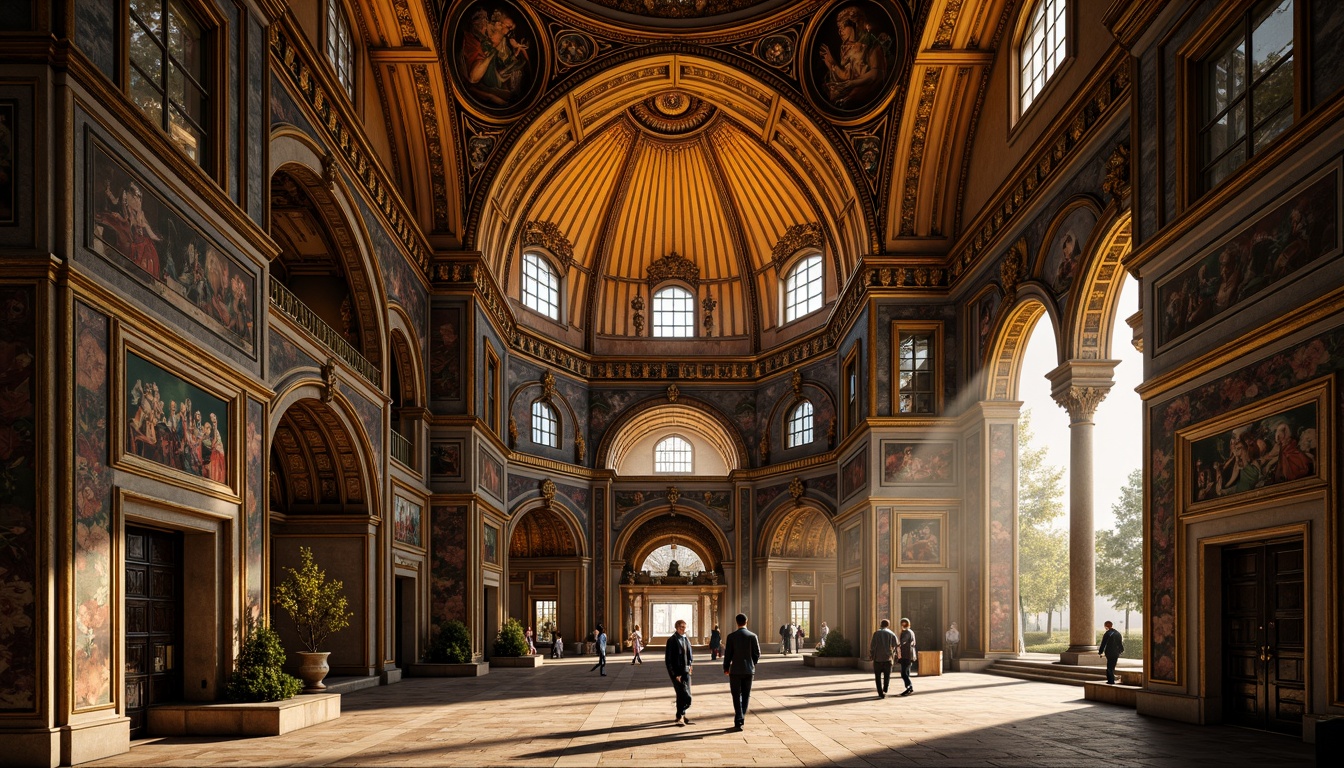 Prompt: Richly ornamented Byzantine architecture, warm golden domes, intricately patterned mosaics, luxurious marble columns, ornate bronze details, rich jewel tones, deep crimson reds, lavish emerald greens, majestic blues, subtle earthy browns, dramatic lighting, high contrast, 3/4 composition, detailed textures, ambient occlusion.