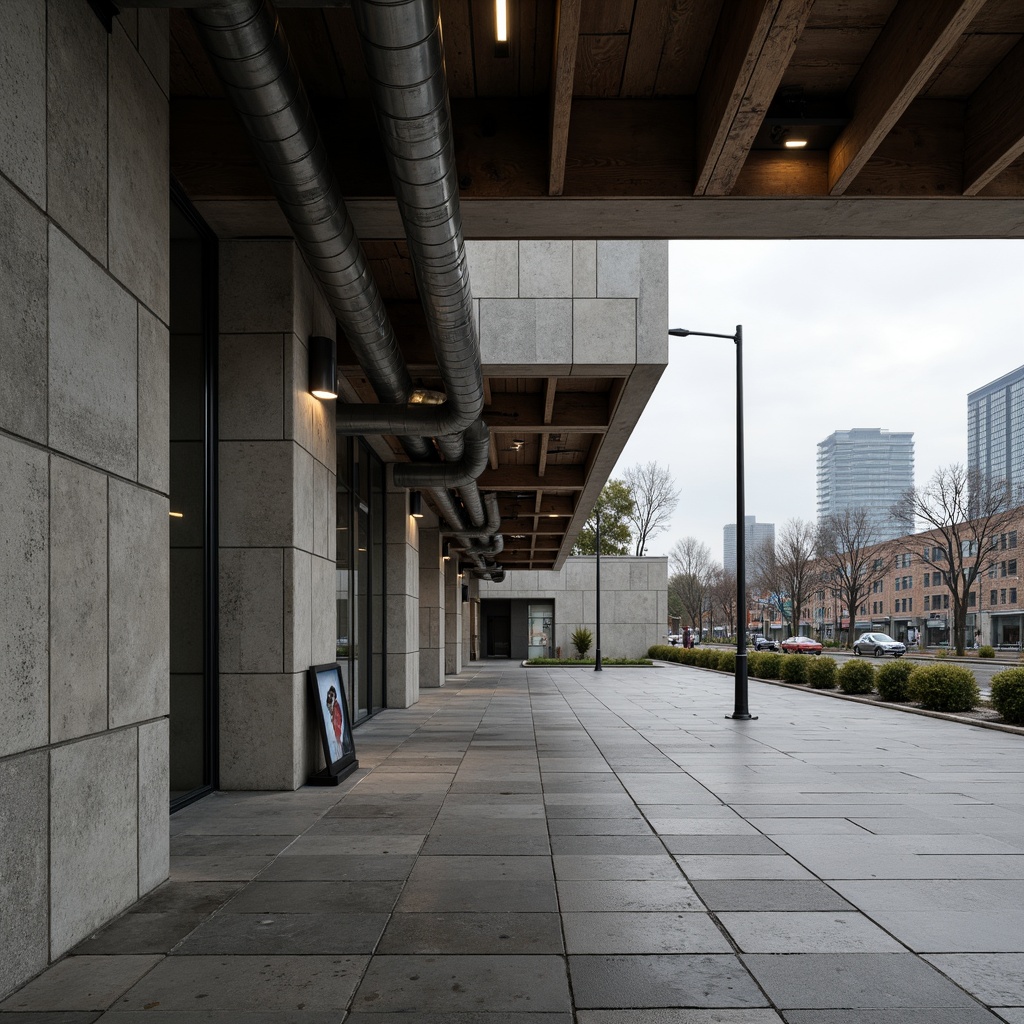 Prompt: Rough concrete walls, exposed aggregate surfaces, weathered steel beams, industrial metal pipes, raw unfinished wood accents, brutalist monumentality, urban cityscape backdrop, overcast sky, dramatic shadows, high-contrast lighting, 1/2 composition, low-angle shot, gritty realistic textures, ambient occlusion.