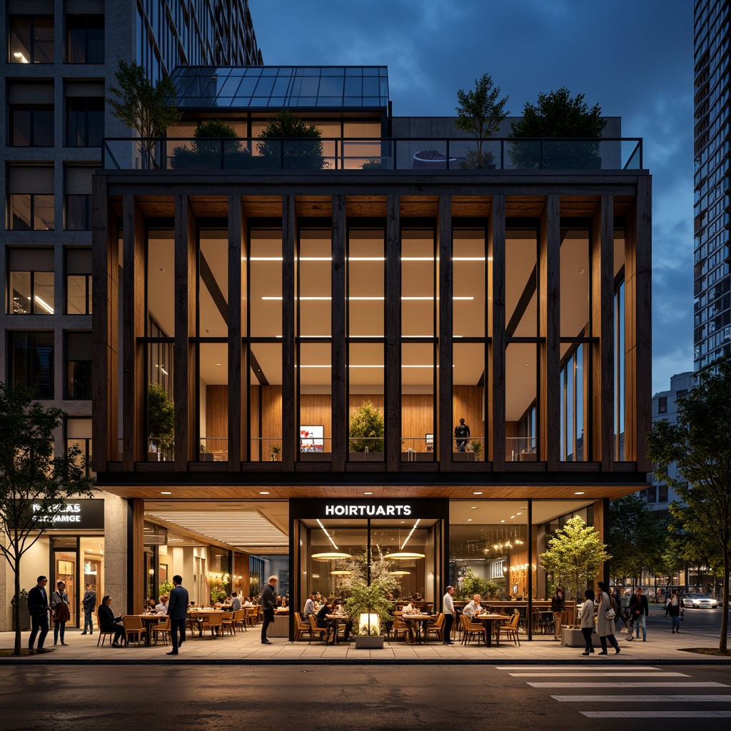 Prompt: Modern restaurant facade, industrial structural elements, exposed ductwork, metal beams, reclaimed wood accents, floor-to-ceiling windows, sliding glass doors, minimalist signage, urban cityscape, busy streets, nighttime illumination, warm golden lighting, shallow depth of field, 1/1 composition, symmetrical architecture, brutalist design, raw concrete textures, ambient occlusion.