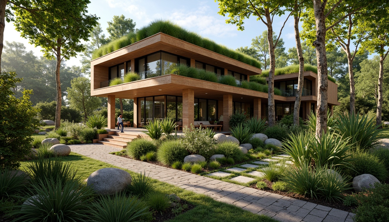 Prompt: Green roofs, lush vegetation, natural stone walls, earthy tones, organic architecture, open floor plans, high ceilings, clerestory windows, skylights, cross ventilation, operable windows, solar chimneys, wind towers, evaporative cooling systems, radiant barriers, thermal mass, breathable materials, rustic wood accents, woven bamboo textiles, earthy scents, warm natural light, soft shadows, 1/1 composition, realistic textures, ambient occlusion.