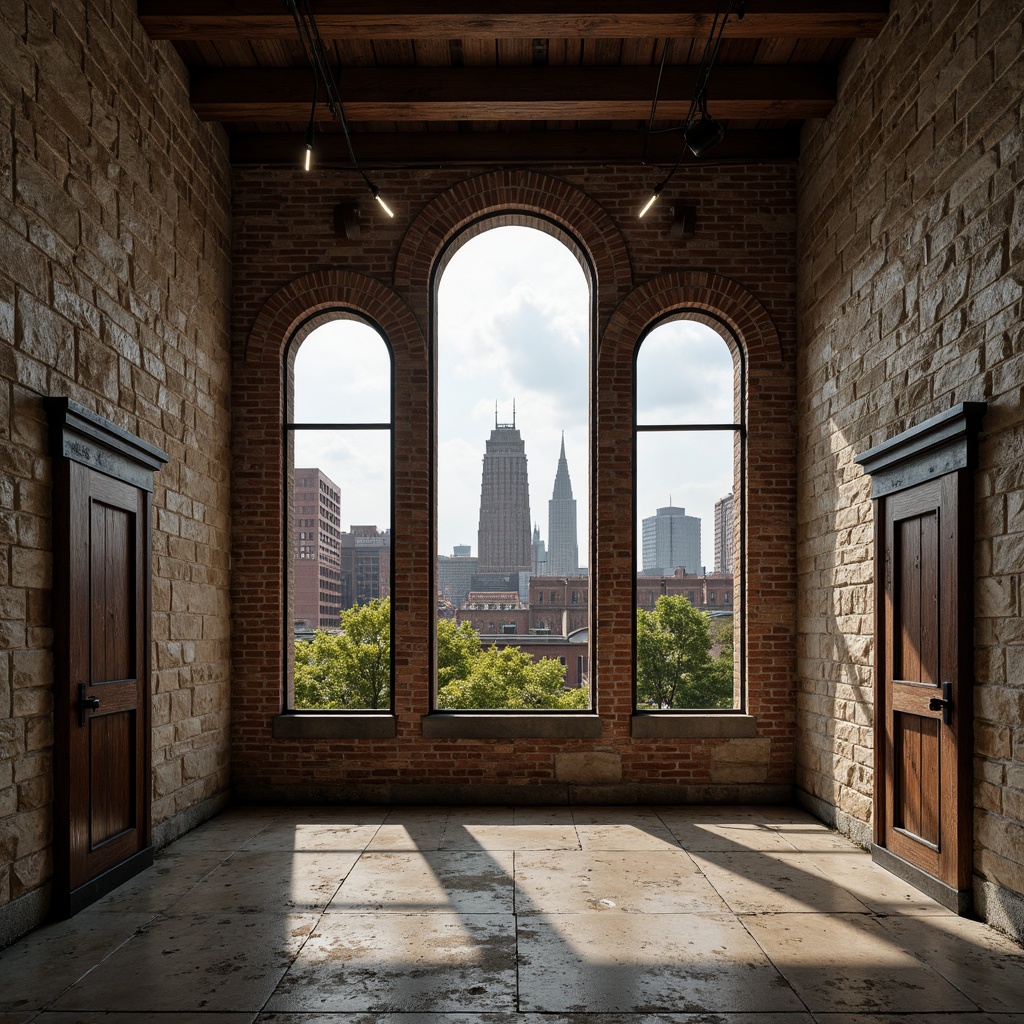 Prompt: Rustic stone walls, arched windows, ornate brick facades, textured stonework, rugged chimneys, earthy color palette, natural stone flooring, distressed wooden doors, vintage metal hardware, exposed beam ceilings, industrial-chic lighting fixtures, urban loft atmosphere, converted warehouse space, gritty cityscape views, overcast sky, dramatic backlighting, 1/2 composition, moody shadows, high-contrast textures.