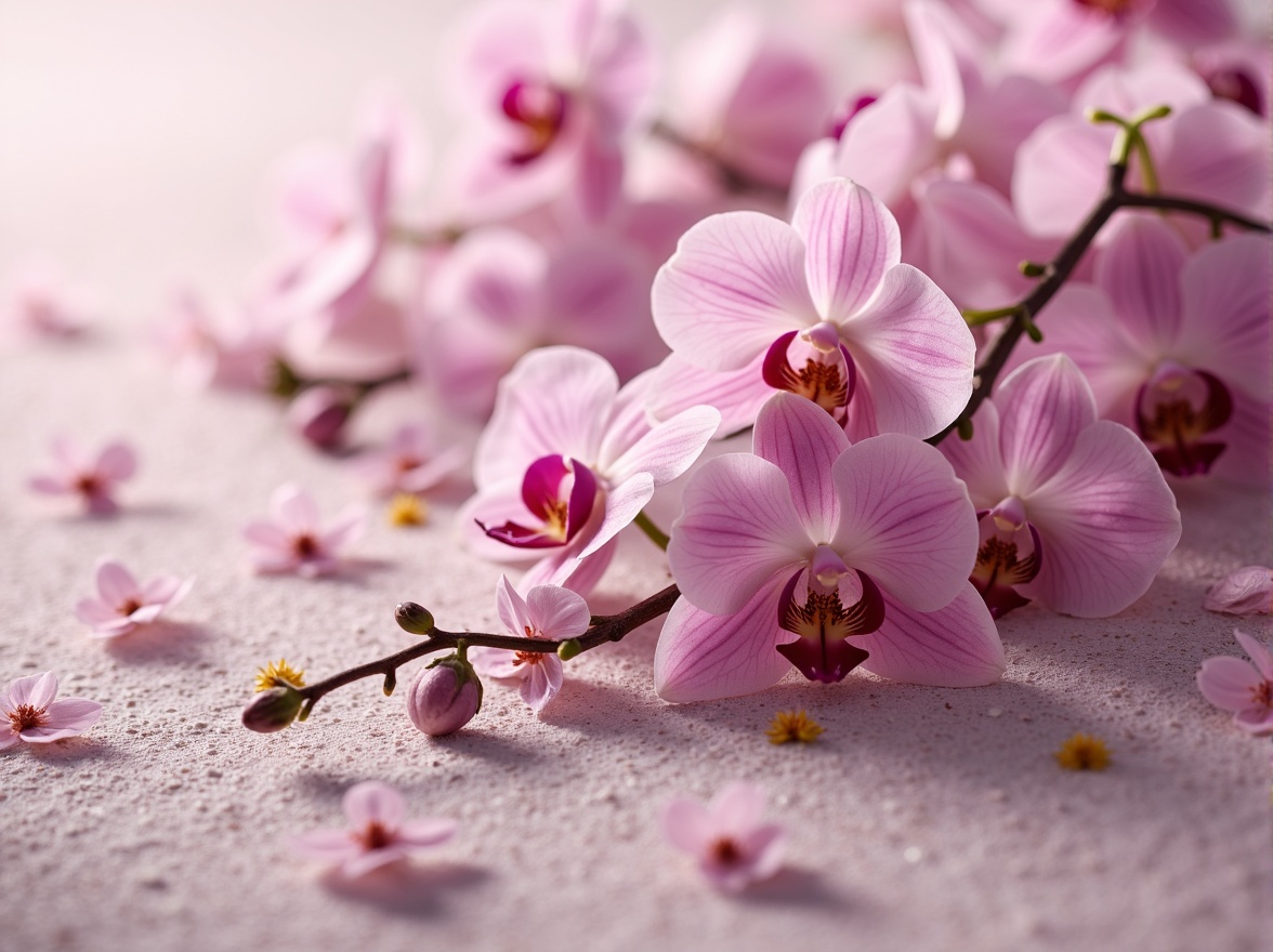 Prompt: Elegant orchid tones, soft pink undertones, rich plum accents, creamy white backgrounds, subtle gold metallic details, delicate lace textures, whimsical floral patterns, natural earthy surroundings, serene misty atmosphere, warm golden lighting, shallow depth of field, 1/2 composition, intimate close-up shots, realistic soft focus, ambient occlusion.