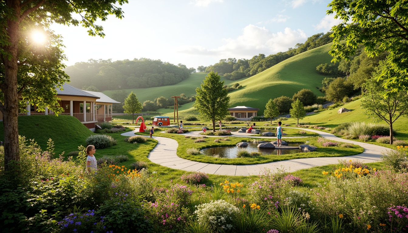 Prompt: Vibrant kindergarten playground, rolling hills, lush greenery, colorful flowers, winding pathways, natural stone walls, wooden bridges, outdoor classrooms, educational gardens, butterfly habitats, sensory play areas, musical instruments, whimsical sculptures, soft warm lighting, shallow depth of field, 3/4 composition, panoramic view, realistic textures, ambient occlusion.