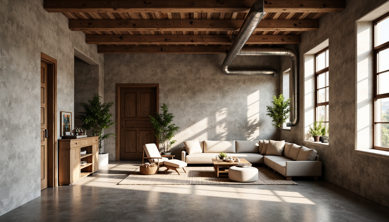 Prompt: Rustic plastered concrete walls, earthy tones, textured finishes, industrial chic aesthetic, urban loft atmosphere, distressed wooden accents, metal beams, exposed ductwork, polished concrete floors, modern minimalist decor, natural light pouring in, soft warm glow, shallow depth of field, 1/1 composition, realistic textures, ambient occlusion.