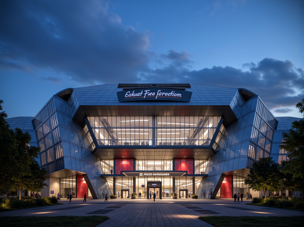 Prompt: Sleek football stadium, curved lines, dynamic shapes, metallic fa\u00e7ade, transparent glass walls, cantilevered roofs, grand entrance gates, vibrant team colors, floodlights, evening atmosphere, dramatic shadows, low-angle shot, 1/2 composition, cinematic lighting, realistic reflections, ambient occlusion.