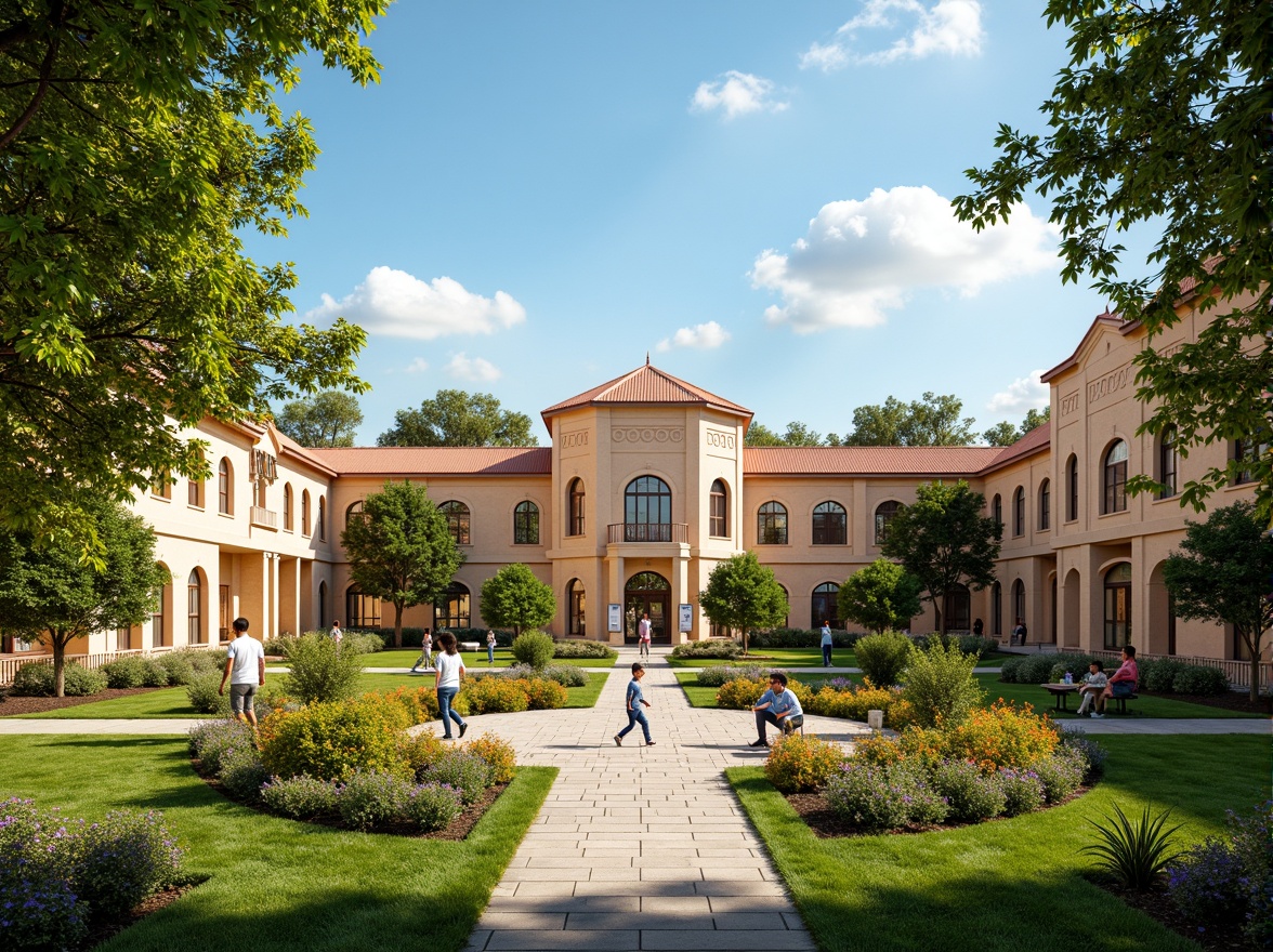 Prompt: Majestic Byzantine-style middle school buildings, lush greenery, vibrant flowers, manicured lawns, ornate stone carvings, intricate arches, warm beige walls, red-tiled roofs, symmetrical gardens, meandering walkways, rustic benches, educational signs, mature trees, dappled shade, soft natural lighting, shallow depth of field, 3/4 composition, panoramic view, realistic textures, ambient occlusion.