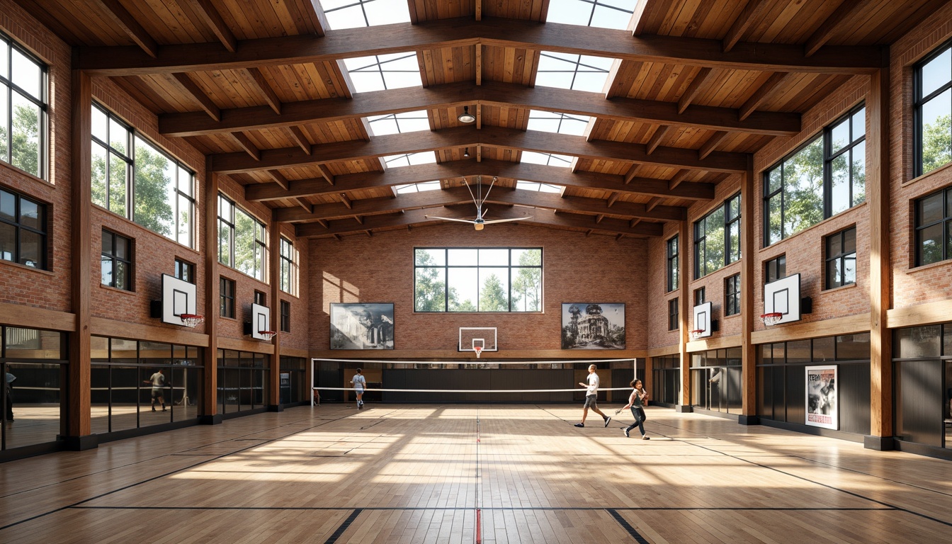 Prompt: Rustic gymnasium interior, regionalism style, wooden accents, exposed brick walls, high ceilings, clerestory windows, natural light, athletic equipment, basketball courts, volleyball nets, running tracks, fitness zones, mirrored walls, steel beams, industrial chic, reclaimed wood flooring, earthy tones, warm ambient lighting, 1/2 composition, symmetrical framing, realistic textures, subtle camera movements.