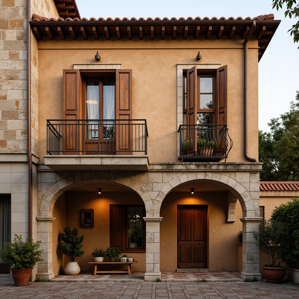 Prompt: Earth-toned facade, rustic stonework, wooden shutters, ornate balconies, terra cotta roofing, curved archways, decorative tiling, regional patterned textiles, warm golden lighting, shallow depth of field, 1/2 composition, narrow aperture, soft focus, natural materials, earthy color palette, Mediterranean-inspired architecture, local cultural influences, traditional craftsmanship, ornamental ironwork, distressed finishes, vintage decorative elements.