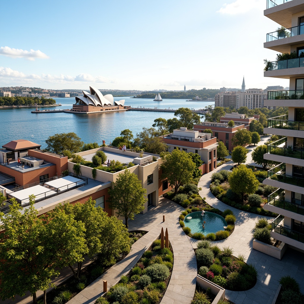 Prompt: Vibrant Sydney Harbour, iconic Opera House, modern social housing, lush green roofs, native Australian flora, curved walkways, public art installations, community gardens, outdoor recreational spaces, pedestrian-friendly pathways, waterfront promenade, sailboat-filled harbour, sunny afternoon, soft warm lighting, shallow depth of field, 3/4 composition, panoramic view, realistic textures, ambient occlusion.