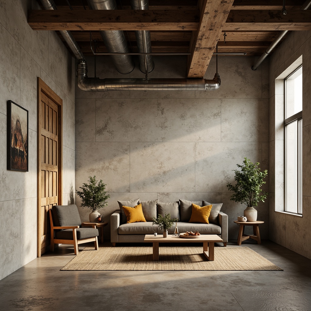 Prompt: Rustic plastered concrete walls, earthy tones, natural textures, industrial chic aesthetic, urban loft ambiance, reclaimed wood accents, metal beams, exposed ductwork, modern minimalist decor, soft warm lighting, shallow depth of field, 1/2 composition, realistic renderings, ambient occlusion, atmospheric misting effects.