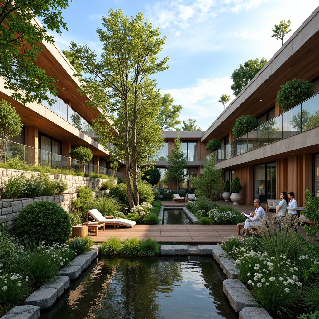 Prompt: Lush green roofs, vibrant vertical gardens, natural stone walls, wooden decks, outdoor seating areas, cantilevered balconies, floor-to-ceiling windows, sliding glass doors, seamless indoor-outdoor transitions, harmonious landscape architecture, serene water features, small ponds, ornamental plants, meandering walkways, warm sunny days, soft diffused lighting, 1/2 composition, symmetrical framing, realistic textures, ambient occlusion.