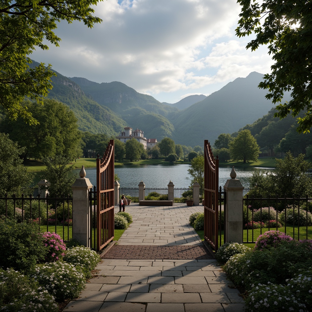 Prompt: Rolling hills, serene lakeside, lush green forests, majestic mountains, winding stone pathways, ornate iron gates, grand estate manors, whimsical turrets, romantic arches, soft warm lighting, dramatic clouds, misty atmosphere, shallow depth of field, 1/1 composition, panoramic view, realistic textures, ambient occlusion, intricately carved wooden doors, ornate stonework, rustic stone bridges, meandering streams, vibrant blooming flowers, rustic garden benches, weathered stone statues.