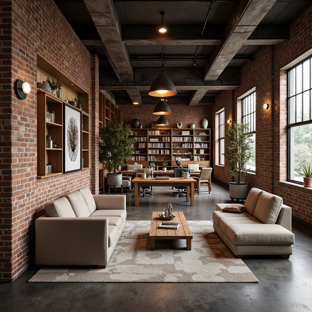 Prompt: Industrial-chic loft interior, exposed brick walls, polished concrete floors, flexible modular furniture, moveable partitions, writable walls, collaborative workspaces, cozy reading nooks, eclectic decor, vintage industrial lighting, reclaimed wood accents, open shelving, minimalist color palette, abundant natural light, soft warm glow, shallow depth of field, 1/1 composition, realistic textures, ambient occlusion.