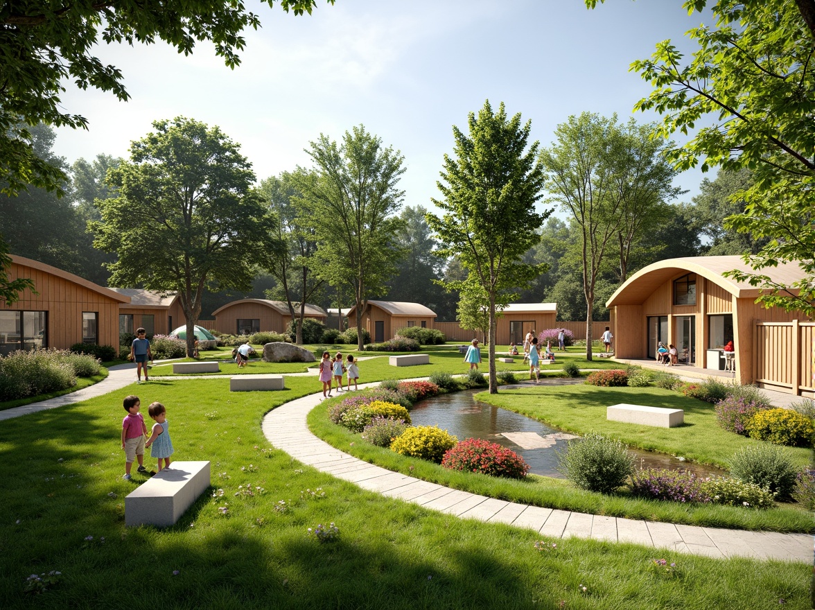 Prompt: Vibrant kindergarten playground, lush green grass, colorful flowers, winding walking paths, natural stone benches, wooden playhouses, modern curved architecture, large windows, sliding glass doors, blooming trees, sunny day, soft warm lighting, shallow depth of field, 3/4 composition, panoramic view, realistic textures, ambient occlusion, outdoor classrooms, nature-inspired learning spaces, interactive water features, sensory gardens, butterfly habitats, educational signage, whimsical sculptures, meandering streams, rustic wooden bridges.