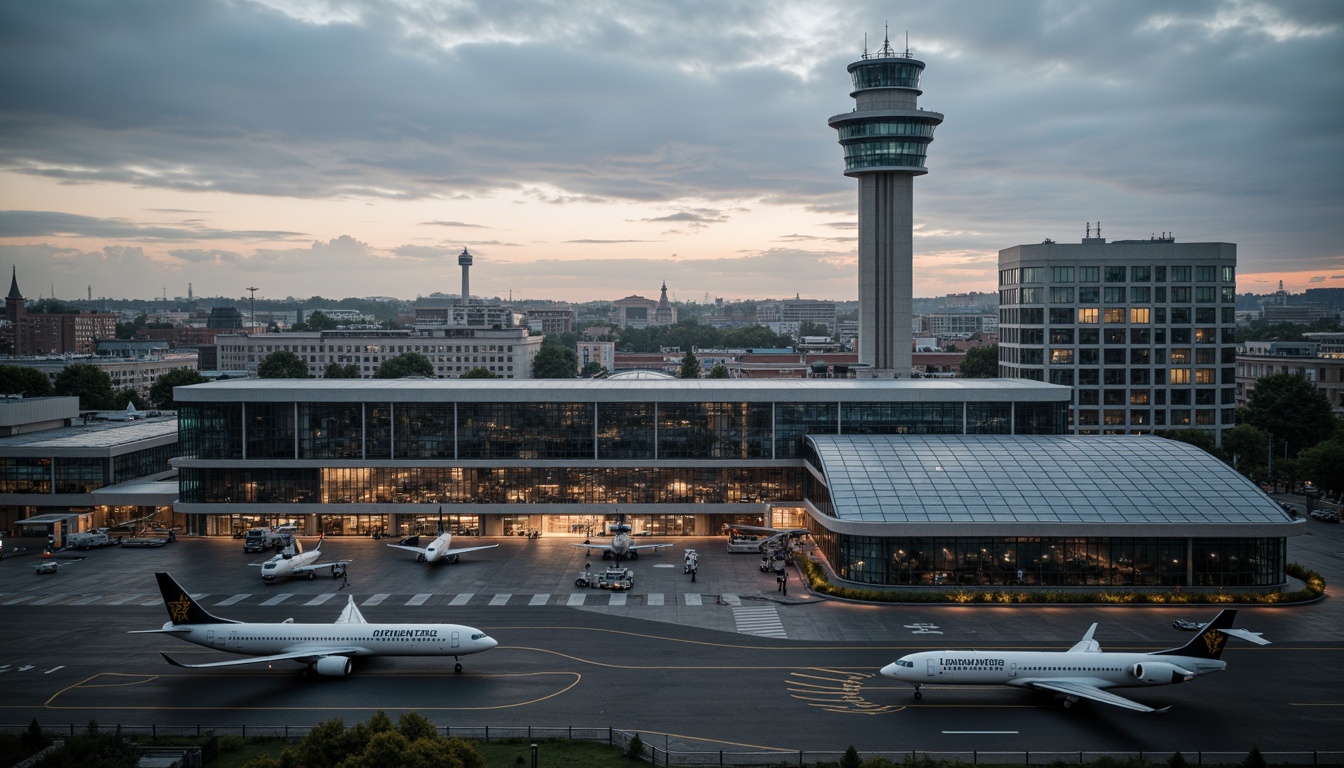 Prompt: Exposed concrete structures, brutalist architecture, industrial aesthetic, functional design, airport terminal buildings, large glass windows, steel beams, raw textures, urban landscape, busy atmosphere, rush hour scenes, modern airport facilities, check-in counters, baggage claim areas, departure gates, air traffic control towers, radar systems, navigational aids, apron lighting, asphalt runways, commercial airliners, private jets, aerial views, dramatic skies, high-contrast lighting, cinematic composition, shallow depth of field.