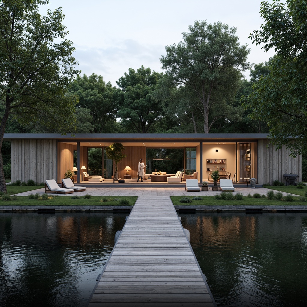 Prompt: Waterfront boathouse, rustic wooden docks, serene lake views, lush greenery, natural stone walls, modern minimalist architecture, large windows, sliding glass doors, nautical-themed decor, cozy interior spaces, warm ambient lighting, shallow depth of field, 3/4 composition, panoramic view, realistic textures, ambient occlusion.