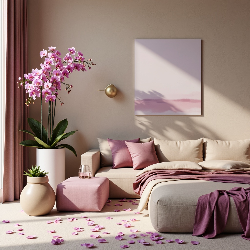 Prompt: Elegant orchid-inspired color scheme, soft pastel hues, delicate petals, subtle shine, luxurious fabrics, velvety textures, sophisticated modern design, neutral beige backgrounds, rich plum accents, metallic gold details, refined architectural lines, natural light pouring in, warm atmosphere, shallow depth of field, 1/2 composition, realistic renderings, ambient occlusion.Please let me know if this meets your requirements!