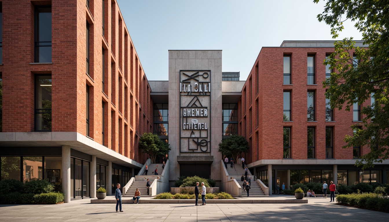 Prompt: Rustic university building, constructivist architecture, brutalist concrete walls, angular geometric shapes, industrial metal accents, asymmetrical fa\u00e7ade design, vibrant red brick tones, abstract sculptural elements, modernist typography, educational signage, dynamic natural light, high contrast shadows, 3/4 composition, shallow depth of field, realistic textures, ambient occlusion.