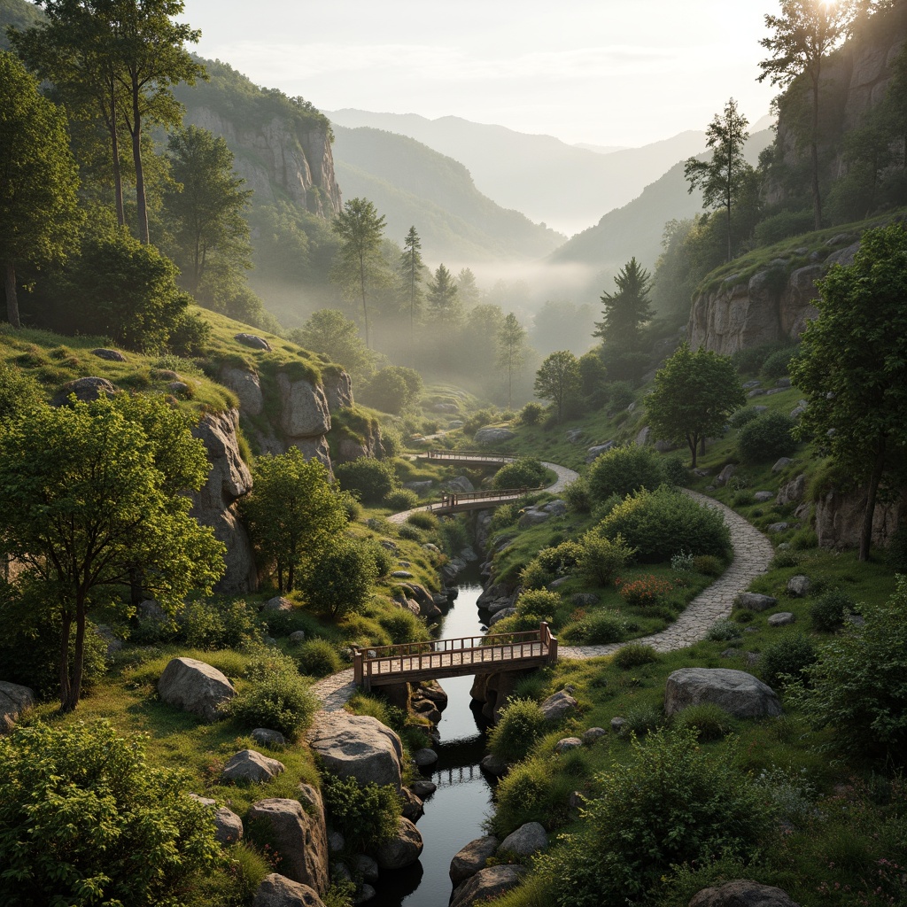 Prompt: Serene valley landscape, lush green hills, meandering streams, rustic wooden bridges, natural stone pathways, wildflowers, native trees, scenic overlooks, misty morning atmosphere, warm golden lighting, soft focus effect, 1/2 composition, atmospheric perspective, realistic terrain textures, detailed rock formations, subtle water reflections.