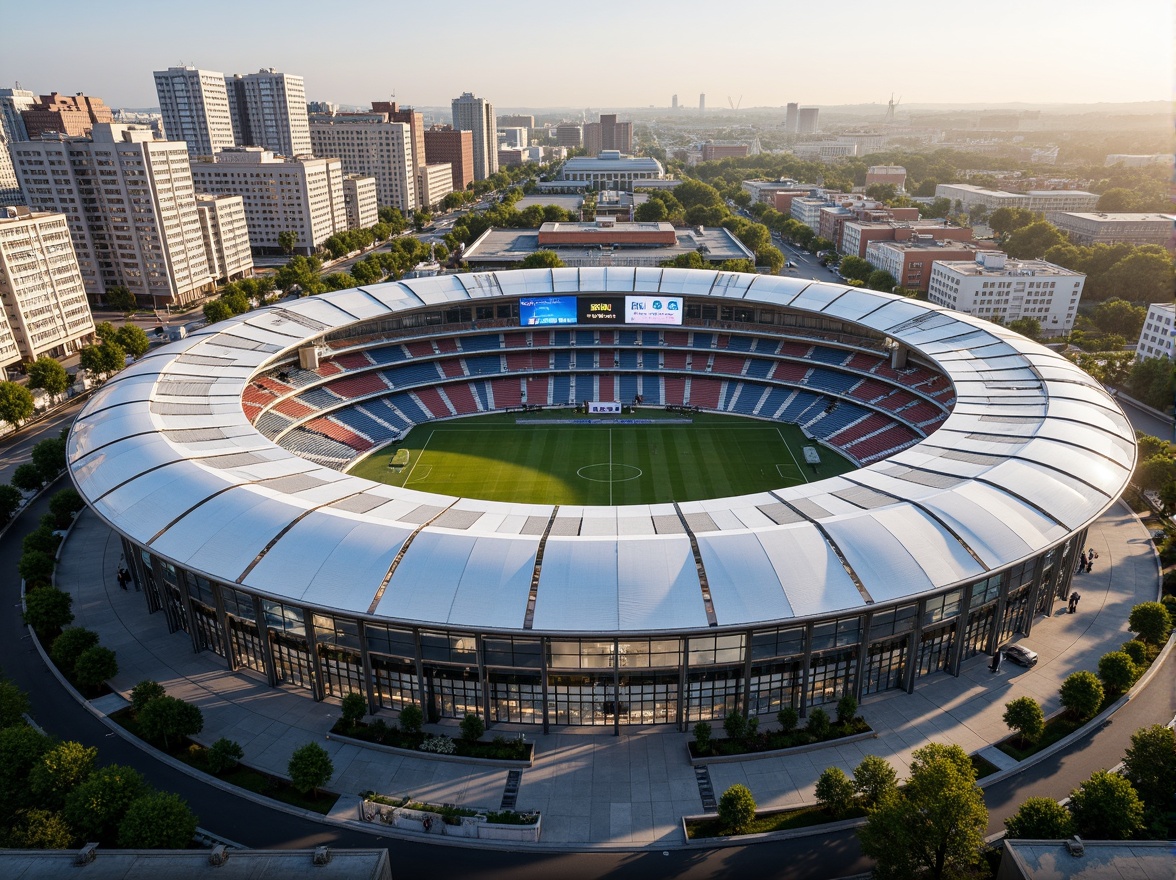 Prompt: Translucent stadium facade, undulating roofline, sleek metal cladding, cantilevered upper tiers, open-air concourses, natural ventilation systems, panoramic views, unobstructed sightlines, transparent roofing materials, ETFE films, LED lighting installations, vibrant color schemes, dynamic shading devices, solar panels, rainwater harvesting systems, green roofs, public art installations, urban connectivity, bustling cityscape, warm afternoon sunlight, shallow depth of field, 1/2 composition, realistic textures, ambient occlusion.