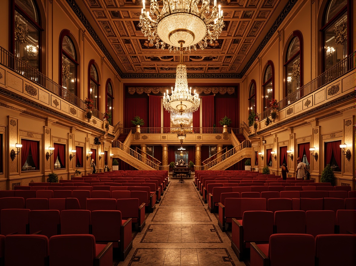 Prompt: Grand concert hall, ornate chandeliers, rich wood paneling, velvet drapes, gilded mirrors, intricate moldings, classic columns, marble flooring, majestic staircases, luxurious VIP areas, plush red seats, golden balconies, crystal sconces, soft warm lighting, shallow depth of field, 1/1 composition, symmetrical view, realistic textures, ambient occlusion.