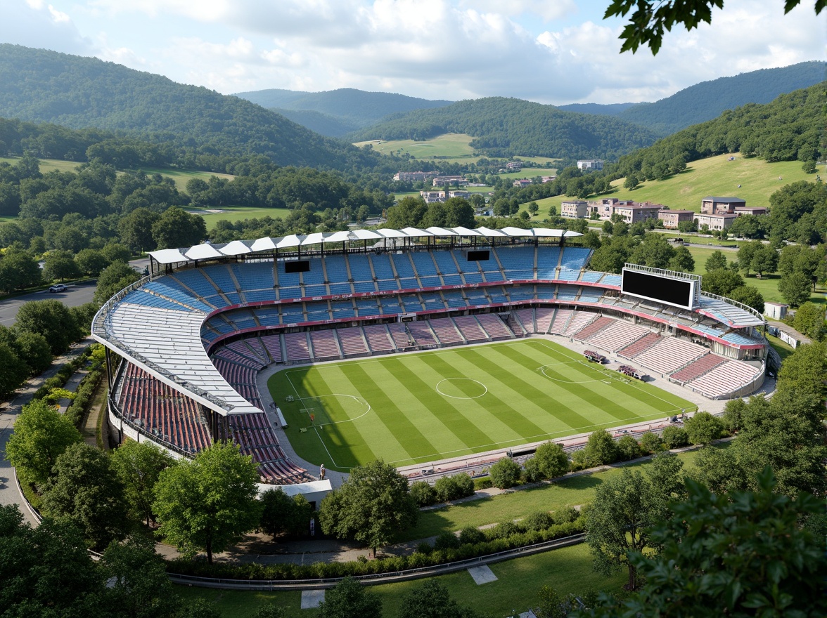 Prompt: Panoramic stadium, lush green landscape, rolling hills, natural stone seating, curvaceous architecture, cantilevered roofs, large overhangs, open-air concourses, transparent glass facades, steel beams, vibrant colorful accents, dynamic LED lighting, shallow depth of field, 3/4 composition, wide-angle lens, realistic textures, ambient occlusion, integrated rainwater harvesting systems, green roofs, eco-friendly materials, innovative ventilation technologies, shaded outdoor spaces, misting systems.