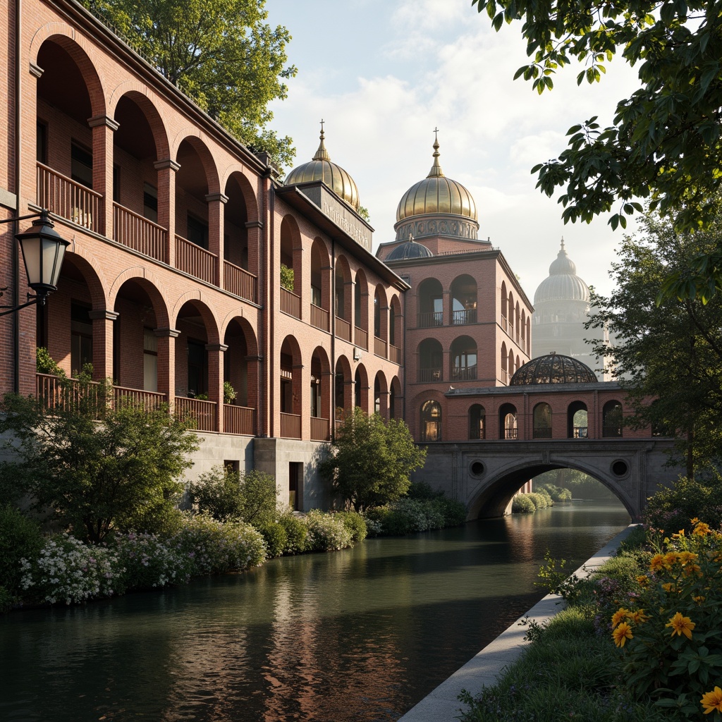 Prompt: Ornate bridge, Byzantine arches, intricately carved stonework, rustic red brick, golden domes, majestic pillars, ornamental ironwork, mystical lanterns, tranquil riverbank, lush greenery, vibrant flowers, warm sunlight, soft misty atmosphere, atmospheric perspective, 1/2 composition, dramatic shadows, rich textures, ambient lighting.