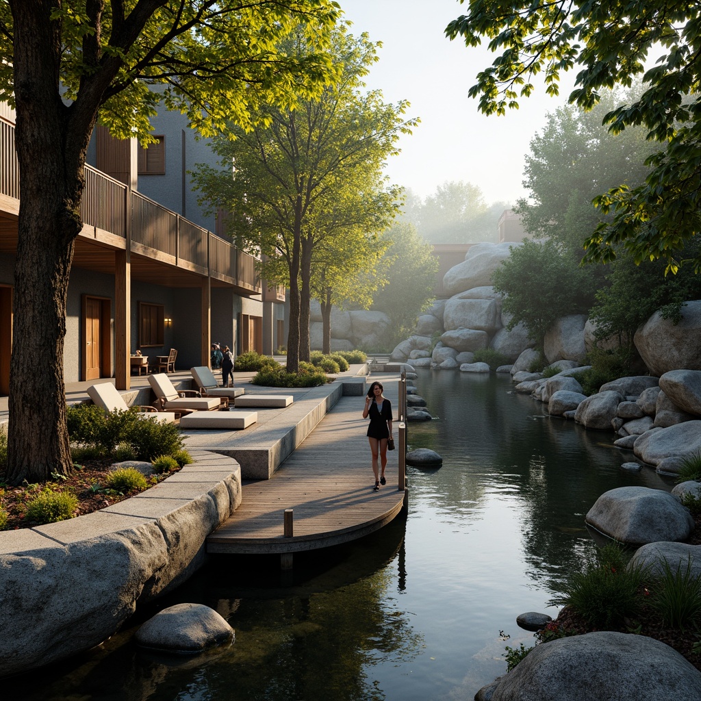 Prompt: Riverbank architecture, rustic wooden docks, weathered stone walls, natural rock formations, lush greenery, overhanging trees, tranquil water reflections, misty morning atmosphere, soft warm lighting, shallow depth of field, 3/4 composition, realistic textures, ambient occlusion, reclaimed wood accents, earthy tone color palette, organic shapes, flowing curves, meandering pathways, scenic lookout points, riverside promenade, wooden benches, ornate metal railings, natural stone paving, moss-covered surfaces.